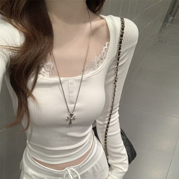 Pure Desire Style Lace Splicing Square Neck White Base Shirt for Women, New Spring and Autumn Korean Version Slim Fit Sexy Long-Sleeve T-Shirt for Women
