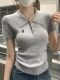 Elegant Polo Collar Embroidered Short-Sleeved Knit Top for Women, 2025 Summer New Style, Pleated Waist Slimming Top