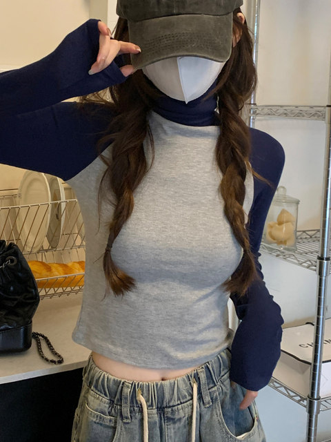 Short Ribbed Turtleneck Raglan Long-Sleeve T-Shirt for Petite Women, New Spring Korean Style Fashionable Hot Girl Base Shirt