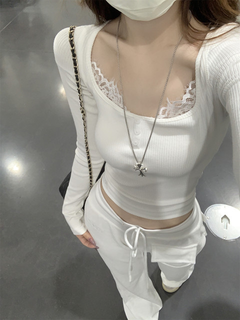 Pure Desire Style Lace Splicing Square Neck White Base Shirt for Women, New Spring and Autumn Korean Version Slim Fit Sexy Long-Sleeve T-Shirt for Women