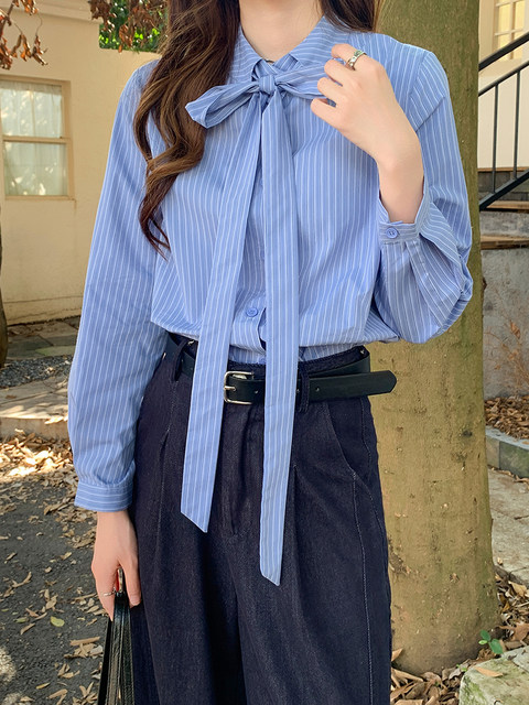 French-Style Striped Long-Sleeve Shirt for Women, New Spring Korean-Style Professional Single-Breasted Layered Top