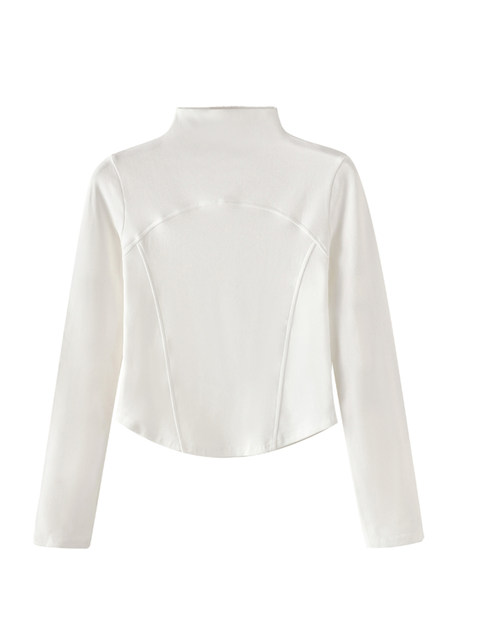 Casual Half-High Collar Long-Sleeved Brushed Inner T-Shirt for Women, Spring New Style, Curved Hem, Fishbone Slim Fit Short Top