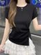 Round Neck Knot Slit Design Cinched Waist Short-Sleeved T-Shirt for Women, New Summer Style with Irregular Hem, Slim Fit Top