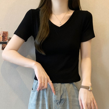 Casual V-Neck Black Short-Sleeved Women's T-Shirt Summer New K-Style Slim Fit High-Waisted Regular Shoulder Short Top Trendy