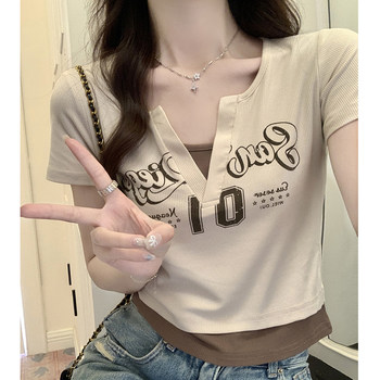 American Retro Print Color-Blocked Regular Shoulder Short-Sleeve T-Shirt for Women, Faux Two-Piece, New Summer Slim-Fit Petite T-Shirt for Women