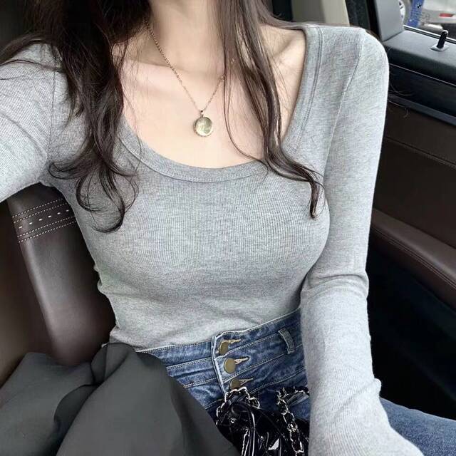 Threaded Cotton T-Shirt for Women, Long-Sleeved, Tight-Fitting, New Spring and Autumn Style, Solid Color, Low-Neck, Slim-Fitting, Chest-Enhancing, Inner Layering Shirt