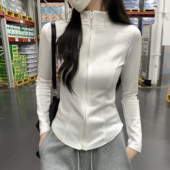 Fishbone Line Slimming Stand-Up Collar Long-Sleeve Zipper Jacket for Women, Early Autumn New Design with Curved Hem, Slim-Fit Cardigan