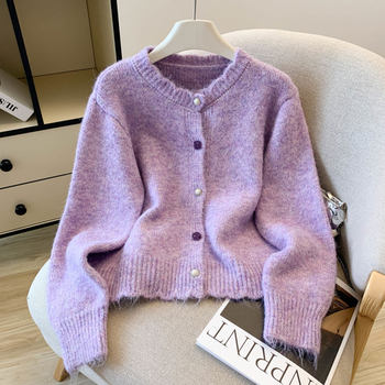 Gentle and Soft Purple Long-Sleeved Knitted Cardigan for Women, Autumn and Winter New Korean Style Fashionable Casual Sweater Jacket