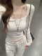Pure Desire Style Lace Splicing Square Neck White Base Shirt for Women, New Spring and Autumn Korean Version Slim Fit Sexy Long-Sleeve T-Shirt for Women