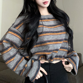 Lazy Style Loose Retro Color-Block Striped Crew Neck Long-Sleeve Sweatshirt for Women, New Winter Hot Girl Drawstring Waist Top