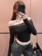 Pure Desire Lace Patchwork Off-Shoulder Long Sleeve T-Shirt for Women 2025 Autumn New Sexy Slim Fit Top