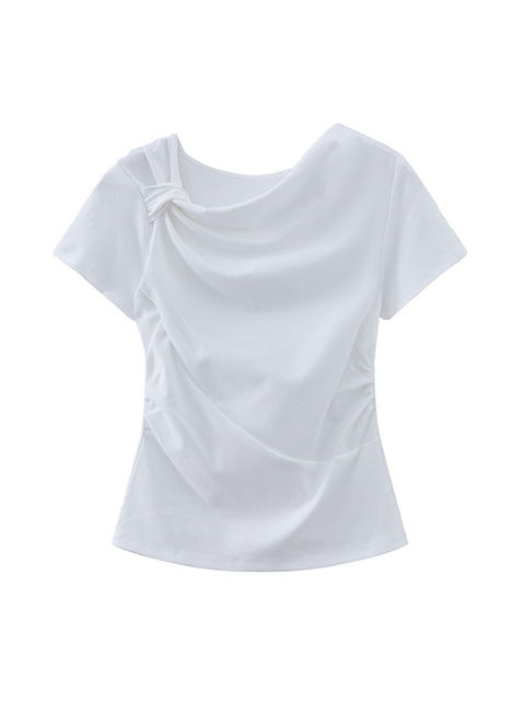 Elegant Twisted Collar White Short-Sleeve T-Shirt for Women, Summer New Design with Pleated Slim Fit and Unique Draped Collar Top