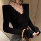 Spicy Girl Lace Patchwork V-Neck Melard Mocha Color Long-Sleeve T-Shirt for Women, New Winter Style with Fleece and Shoulder Pads, Base Layer Top for Women