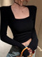 Pure Desire Style Square Neck Padded Shoulder Black Base Shirt for Women, New Autumn and Winter Slim Fit Sexy Regular Shoulder Long Sleeve T-Shirt for Women, Short Style
