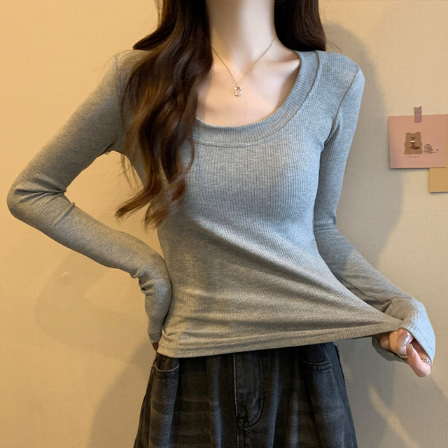 Pure Desire Style U-Neck Gray Sexy Base Shirt for Women, Early Autumn New Korean Version Slim Fit High-Waisted Long-Sleeve T-Shirt for Women, Short Style for Spring