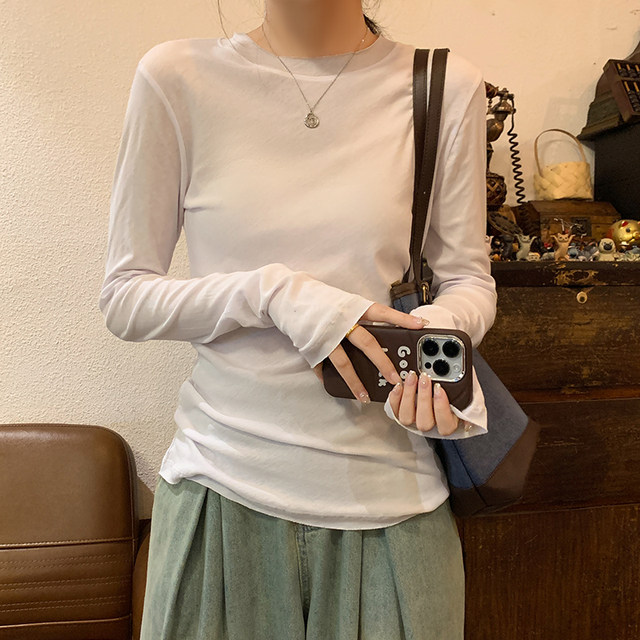 Rolled Edge Slightly Sheer Sun Protection T-Shirt for Women, Long-Sleeved, White, New Autumn and Winter Korean Style, Slim Fit, Layered Elastic Base Shirt for Women ins