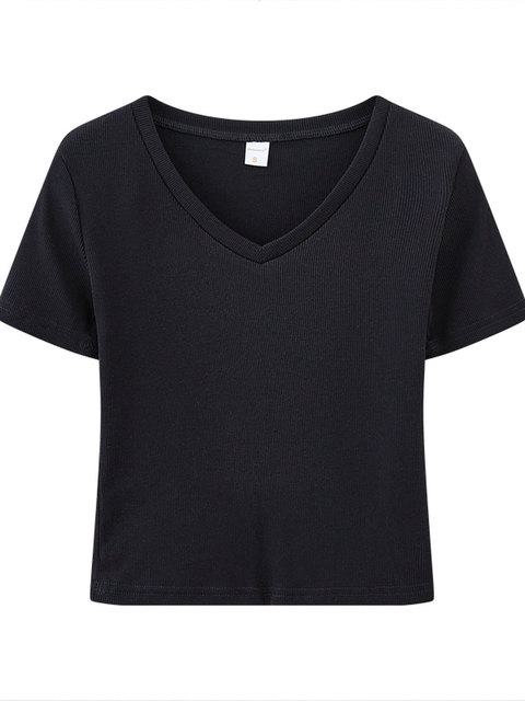 Casual V-Neck Black Short-Sleeved Women's T-Shirt Summer New K-Style Slim Fit High-Waisted Regular Shoulder Short Top Trendy