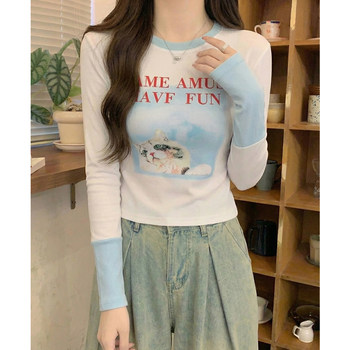 Color-Blocked Long-Sleeve Round-Neck Slim-Fit Short T-Shirt for Women, New Spring Korean Style, Age-Reducing Cat Print Top for Petite Figures