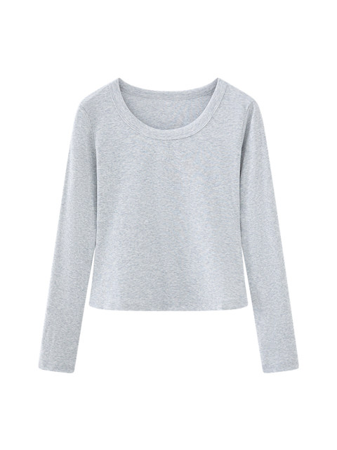 Short Slim-Fit Round-Neck Base Shirt for Petite Women, New Spring Style, Simple Gray Slim-Fit Long-Sleeve Inner T-Shirt