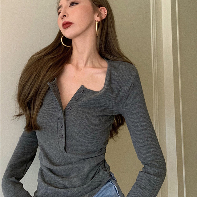 Trendy Half-Open Collar Ribbed Cotton Long-Sleeve T-Shirt for Women, Autumn and Winter New Korean Style Slim-Fit Pullover Base Shirt