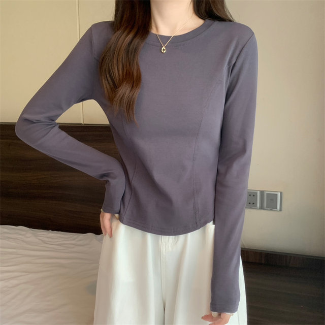 Chic Fishbone Patchwork Brushed White Base Shirt for Petite Women, New Autumn and Winter Korean Style Slim-Fit Long-Sleeve T-Shirt for Women