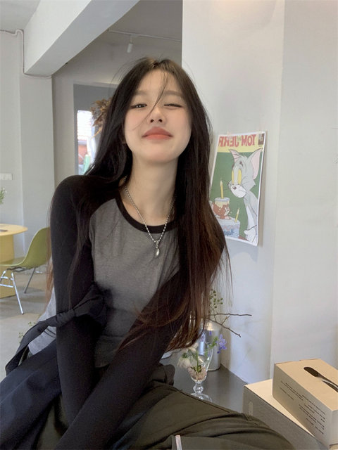 Retro American Style Hottie Color-Blocked Raglan Long-Sleeve T-Shirt for Women, Early Spring New Korean Style Loose-Fitting Base Shirt for Women ins