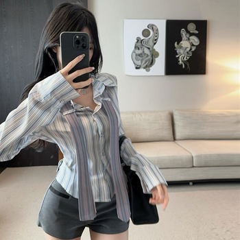 High-End Striped Long-Sleeved Shirt with Tie for Women, New Autumn Fashion, Stylish, Cinched Waist, Irregular Hem Top
