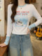 Color-Blocked Long-Sleeve Round-Neck Slim-Fit Short T-Shirt for Women, New Spring Korean Style, Age-Reducing Cat Print Top for Petite Figures