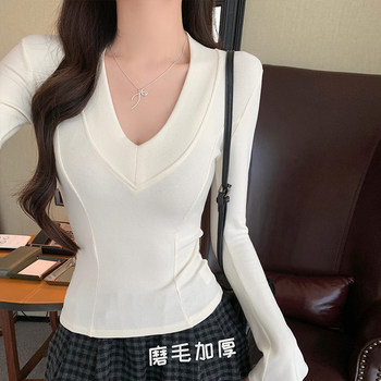 Spicy Girl Style Patchwork Fishbone V-Neck Thickened Fleece-Lined Base Shirt for Women, New Spring Korean Version Slim-Fit Waist-Cinching Long-Sleeve T-Shirt for Women