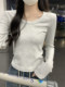 Short Slim-Fit Round-Neck Base Shirt for Petite Women, New Spring Style, Simple Gray Slim-Fit Long-Sleeve Inner T-Shirt
