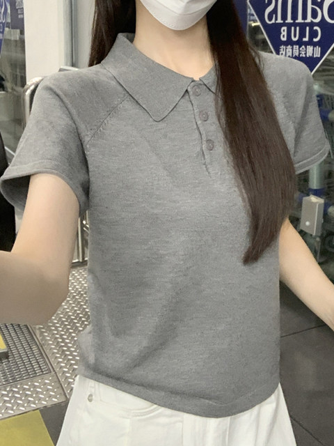 Ins Simple Style Gray Raglan Short-Sleeved Knitwear for Women Summer New Korean Style Polo Collar Casual Loose Top