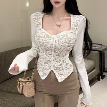 Pure Desire Style Waist-Cinching Fleece-Lined Square-Neck Lace Patchwork T-Shirt for Women, New Spring and Autumn Model with Built-In Chest Pads, Irregular Slim-Fit Top