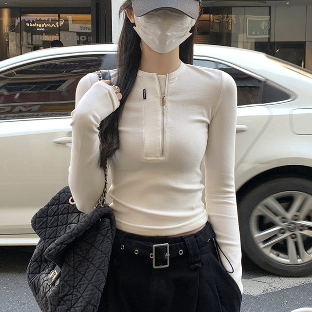 Chic Half-Zip Round Neck White Long-Sleeve T-Shirt for Women 2025 Autumn and Winter New Slim-Fit Base Shirt Women's Short Top