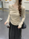 Gentle and Elegant Pleated Scoop-Neck Long-Sleeve T-Shirt for Women, Spring New Korean Style Slim-Fit Base Shirt
