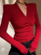 New Year Red V-Neck Pleated Design Long-Sleeve T-Shirt for Women, Winter New Fashion Versatile Slim Fit Fleece-Lined Base Layer Top