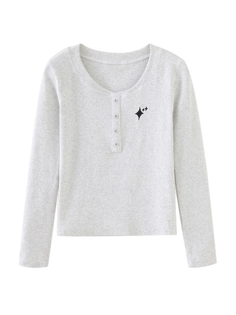 Petite Embroidered Ribbed Cotton Long-Sleeve T-Shirt for Women, New Autumn and Winter Korean Style Slim-Fit Base Shirt, Short Style for Layering