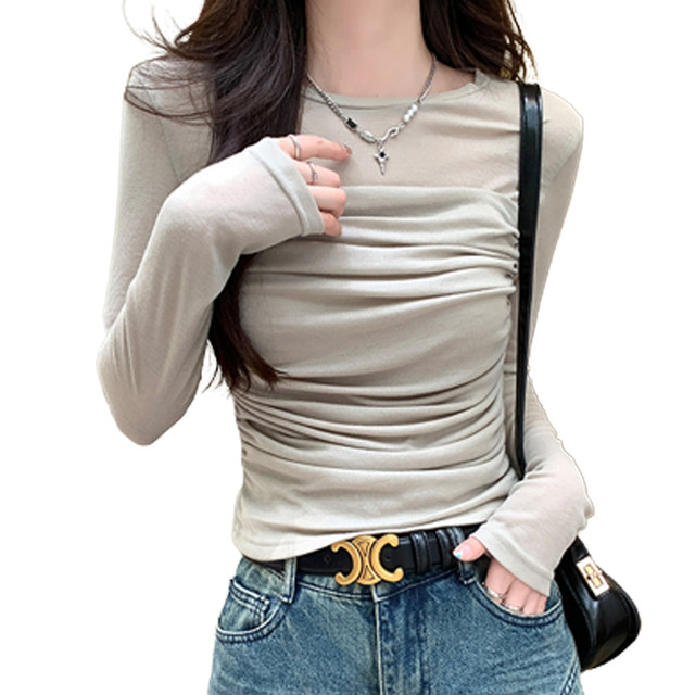 Sheer Mesh Patchwork Round Neck Long Sleeve Slightly See-Through T-Shirt for Women, New Spring and Autumn Style, Subtle Pleats, Slim Fit Short Top