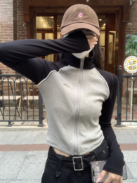 Sports Style Letter Embroidered Stand-Up Collar Raglan Sleeve Cardigan for Petite Women, New Autumn Casual Color-Blocked Short Jacket