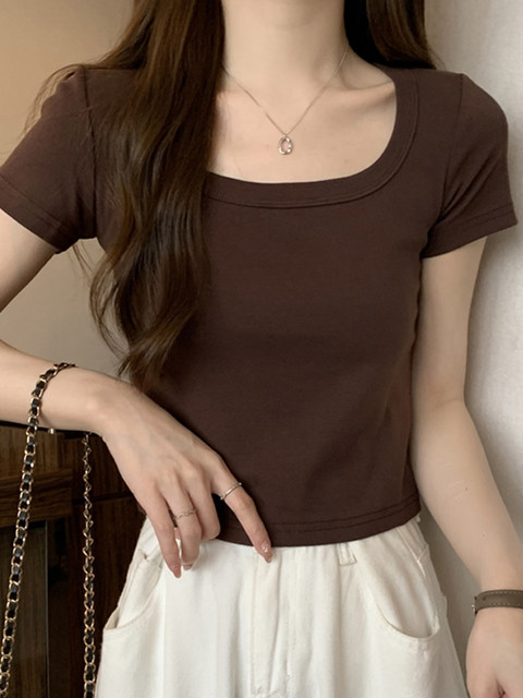 Basic Solid Color Square Neck Collarbone-Exposing Short-Sleeved Bottoming Shirt for Women, New Summer Korean Style Slim Fit Short Top