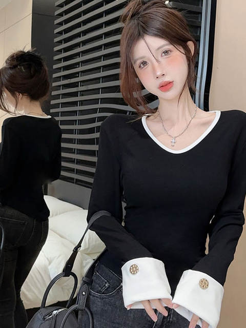 Korean Style Color-Block V-Neck Collarbone-Revealing Shirt Sleeve T-Shirt for Women, Slim Fit, New Spring Style, Sexy and Pure Desire Style Short Top