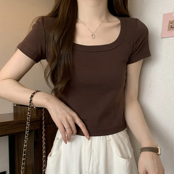 Basic Solid Color Square Neck Collarbone-Exposing Short-Sleeved Bottoming Shirt for Women, New Summer Korean Style Slim Fit Short Top