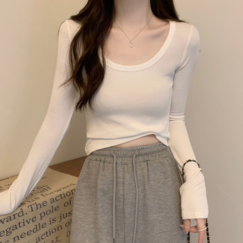 ins Hot Girl Round Neck Brushed Thin Fleece Long Sleeve T-Shirt for Women, Short Style, New Spring Slim Fit for Petite Women, White Base Shirt