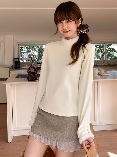 Fuzzy Patchwork Mid-Neck Fleece-Lined Long-Sleeve Base Shirt for Women, New Spring and Autumn Korean Style, Gentle Apricot Color, Slim-Fit T-Shirt Top