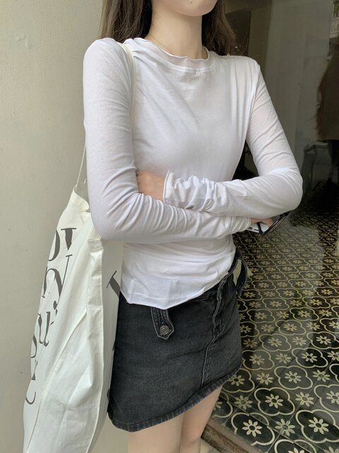 Chic Semi-Sheer Rolled Edge Round Neck White Sun Protection T-Shirt for Women, Long-Sleeved Spring New Korean Style Slim Fit Outerwear, Thin Version