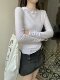 Chic Semi-Sheer Rolled Edge Round Neck White Sun Protection T-Shirt for Women, Long-Sleeved Spring New Korean Style Slim Fit Outerwear, Thin Version