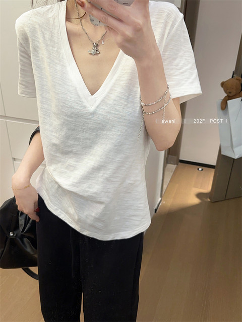Basic White U-Neck Bamboo Cotton Short-Sleeve T-Shirt for Women, Regular Shoulder, New Summer Style, Loose V-Neck Half-Sleeve T-Shirt for Women