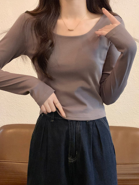 Chic Round-Neck High-Waisted White Base Shirt for Women, New Spring Korean Style Slim-Fit Regular Shoulder Long-Sleeve T-Shirt for Petite Women