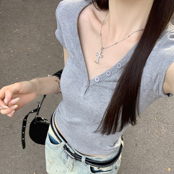 Elegant V-Neck Sexy Pure Desire Short-Sleeve T-Shirt for Women, 2026 Summer New Korean Style Slim-Fit Short Half-Sleeve Top