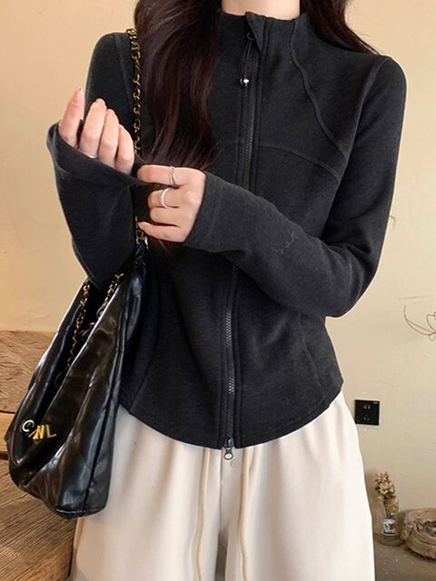 Fishbone Design Double Zipper Brushed Velvet Long-Sleeved Cardigan for Women, New Winter Casual Sports Style Stand-Up Collar Jacket