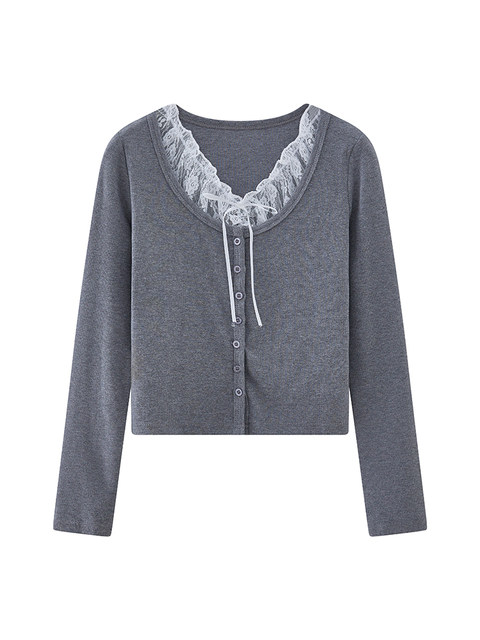 Slim-Fit Faux Two-Piece Pure Desire Lace Patchwork Round Neck Long-Sleeve Women's Top, New Spring Korean Style Sweet Short Top